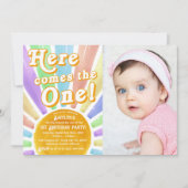 こ来これ！レトロサン1歳の誕生日の写真 招待状 (正面)