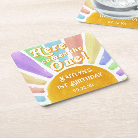 こ来これ！レトロボホサン1歳の誕生日 スクエアペーパーコースター (アングル)