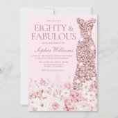 ごくごく上品なフラワープリントのバラ色のゴールドドレス 80歳の誕生日 招待状 (正面)