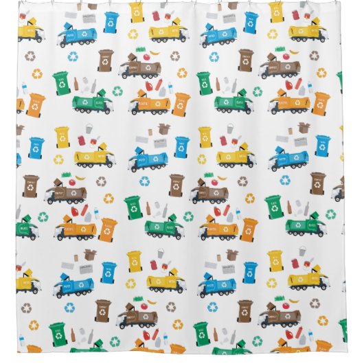 ごみカラフルトラックとビンのリサイクル シャワーカーテン (正面)