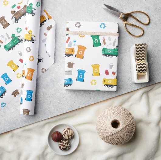 ごみカラフルトラックとビンのリサイクル ラッピングペーパー (クラフト)