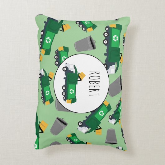 ごみトラックのパターン少年の名前のリサイクル アクセントクッション (裏面(縦))