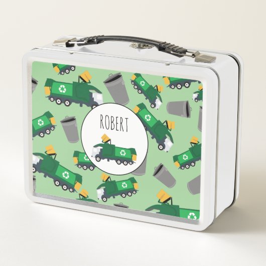 ごみトラックのパターン少年の名前のリサイクル メタルランチボックス (裏面)