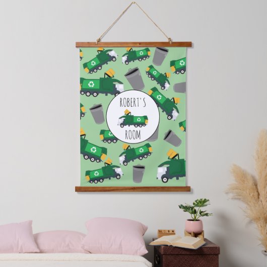 ごみトラックのパターン少年の名前のリサイクル 吊り下げ型タペストリー (寝室)