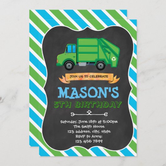 ごみトラックのパーティー誕生日の招待 招待状 (正面/裏面)