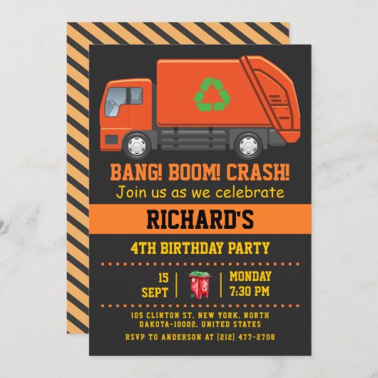 ごみトラックをテーマにした子供おもしろい誕生日パーティー 招待状 (正面/裏面)