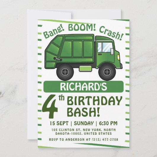 ごみトラックをテーマにした子供ごみパーティー誕生日 招待状 (正面)