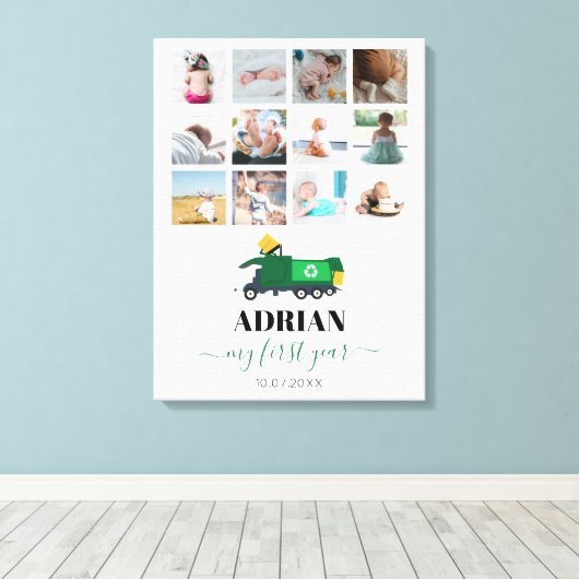 ごみトラック男の赤ちゃん1年写真のリサイクル キャンバスプリント (インサイチュ (ウッドフロア))