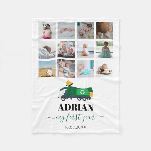 ごみトラック男の赤ちゃん1年写真のリサイクル フリースブランケット (正面)