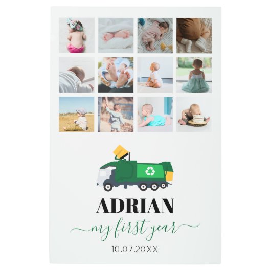 ごみトラック男の赤ちゃん1年写真のリサイクル メタルプリント (正面)