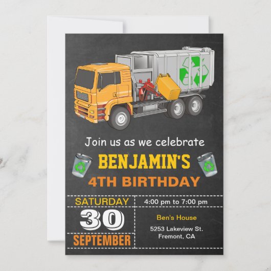 ごみトラック誕生日パーティーのリサイクル 招待状 (正面)