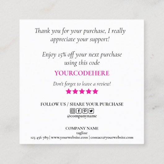 ごモダン注文に感謝していはピンクアートブラシ スクエア名刺 (裏面)