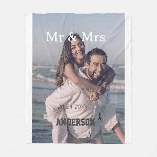 ご主人と奥様 家族 名前 写真 日付 結婚式 家族 フリースブランケット (正面)