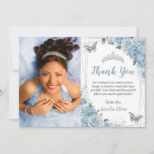 ご出産おめでとう　ベイビーブルー　フラワーフォト　サンキューカード 招待状 (正面)