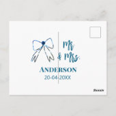 ご夫婦の名前と日付 ウェディングギフト リボン 青 緑 ポストカード (裏面)