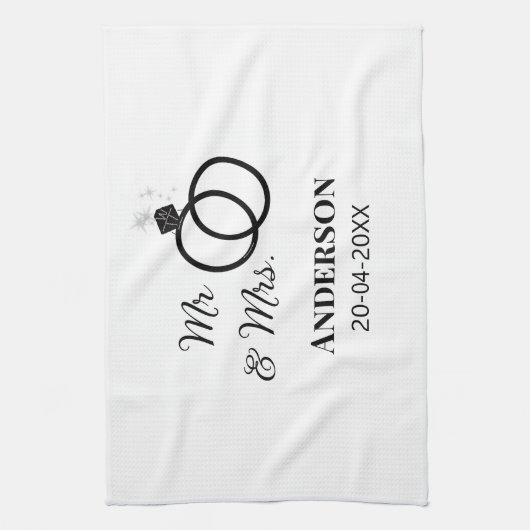 ご夫婦の姓と日付と年と結婚式のお礼 キッチンタオル (縦)