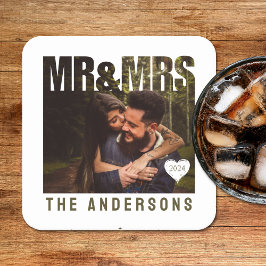 ご夫婦 フォト ブロック ハート 記念日 名前 スクエアペーパーコースター