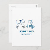 ご夫婦  名前 日付 結婚 記念品 リボン 青 緑 ポストカード (正面/裏面)