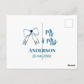 ご夫婦  名前 日付 結婚 記念品 リボン 青 緑 ポストカード (裏面)