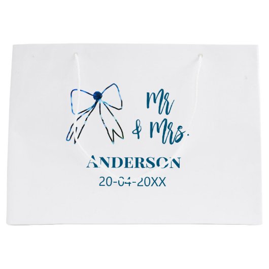 ご夫婦 名前 日付 結婚 記念品 リボン 青 緑 ラージペーパーバッグ (正面)