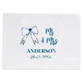 ご夫婦 名前 日付 結婚 記念品 リボン 青 緑 ラージペーパーバッグ (裏面)