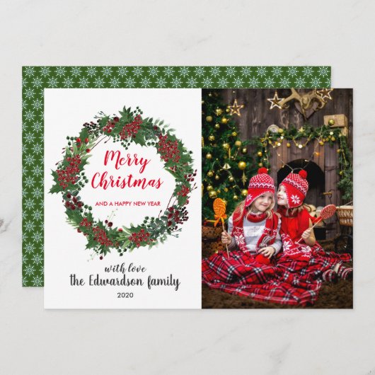 ご家族の写真を作成して、クリスマスホリーのお目出とう シーズンカード (正面/裏面)