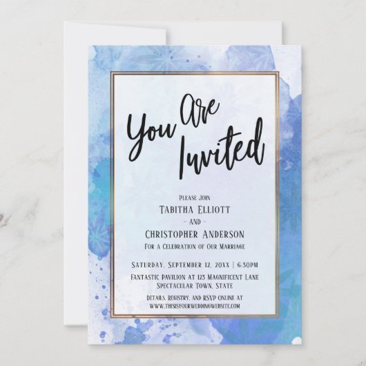 ご招待します ゴールドの枠線が付いた抽象的な青い飛沫 招待状 (正面)