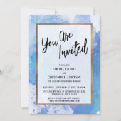 ご招待します ゴールドの枠線が付いた抽象的な青のスプラッシュ 招待状 (正面)