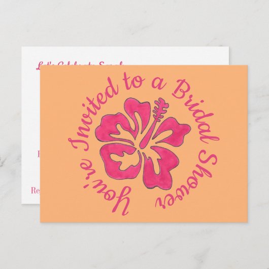 ご招待 ブライズシャワー ピンク ハイビスカス フラワー インビテーションポストカード (正面/裏面)