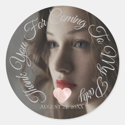 ご来場ありがとうパーティー日付写真ハート ラウンドシール (正面)