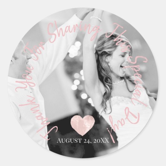 ご来場ありがとうパーティー日付写真ハート ラウンドシール (正面)