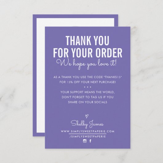 ご注文ありがとうございます白いインク紫 サンキューカード (正面/裏面)