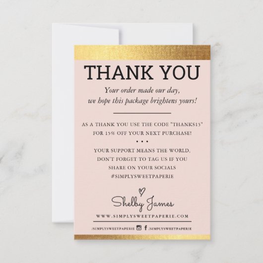 ご注文いただきありがとうございますモダン金ゴールドフォイルエッジピンク サンキューカード (正面)