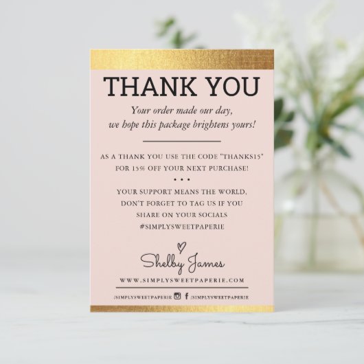 ご注文いただきありがとうございますモダン金ゴールドフォイルエッジピンク サンキューカード (スタンド正面)