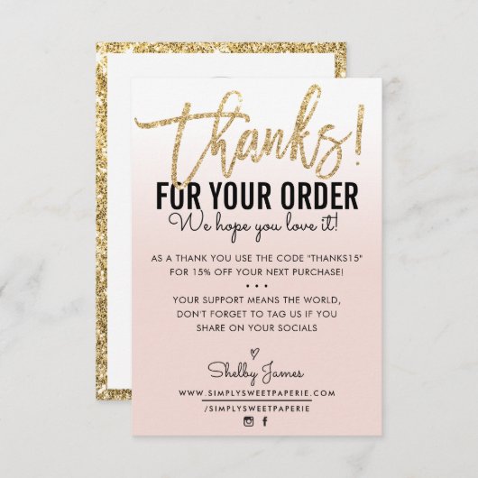 ご注文いただきありがとうございますINSERT金ゴールドグラデーション赤面 サンキューカード (正面/裏面)