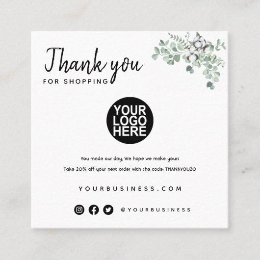 ご注文カードテンプレート小バスありがとう スクエア名刺 (正面)