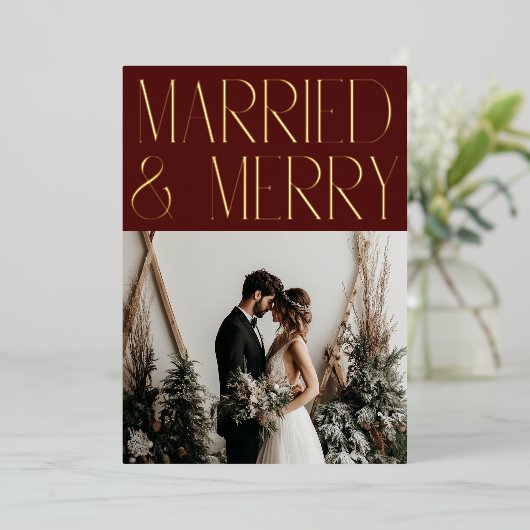 ご結婚おめでとう メリ- モダンなホリデー ウェディング発表 箔シーズンカード (立ち正面)