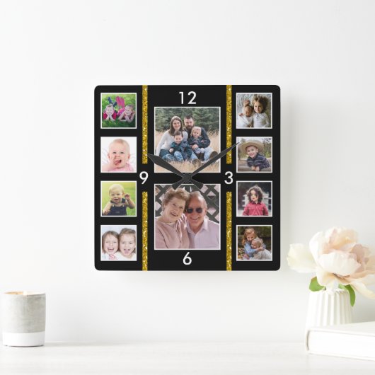 ご自分で10人分の家族の写真を作成黒 スクエア壁時計 (ホーム)