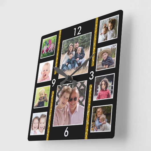 ご自分で10人分の家族の写真を作成黒 スクエア壁時計 (傾斜)