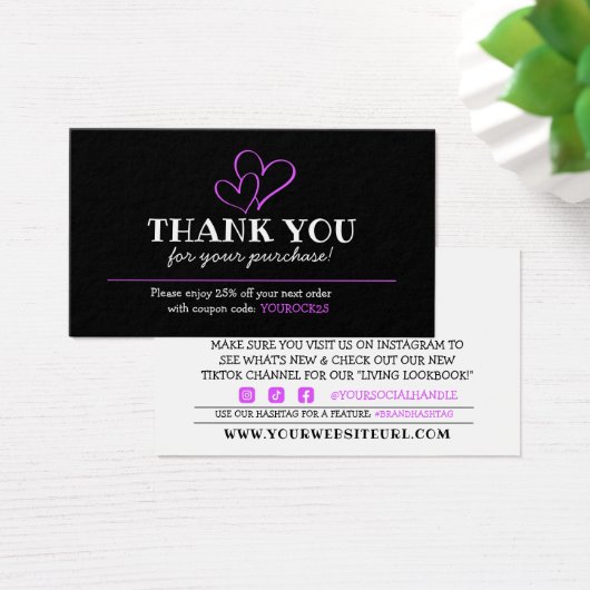 ご購入いただき、ありがとうございます暗い赤紫色ハート割引カード (デスク)