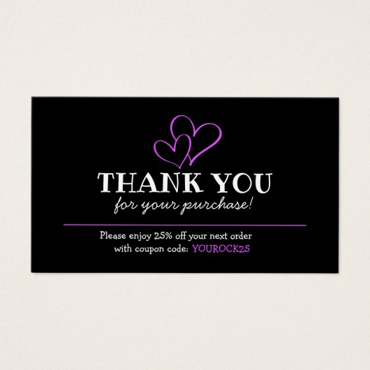 ご購入いただき、ありがとうございます暗い赤紫色ハート割引カード (正面)