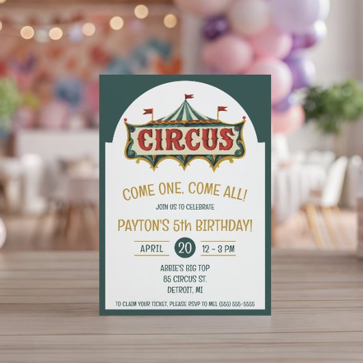 さあみんな大集合!サーカステントの誕生日パーティー 招待状