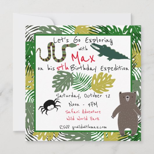 さあ探検誕生日ジャングルサファリ誕生日 招待状 (正面)