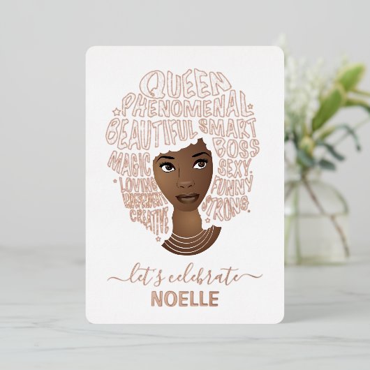 さあ祝誕生日だ!励ましの黒人の女性 箔招待状 (立ち正面)