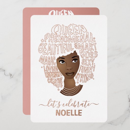 さあ祝誕生日だ!励ましの黒人の女性 箔招待状 (正面/裏面)