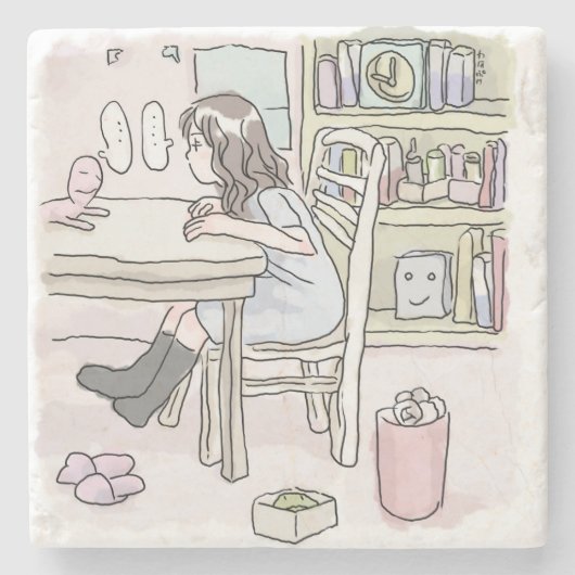 さいくさじ　お部屋で机に向かう ストーンコースター (正面)
