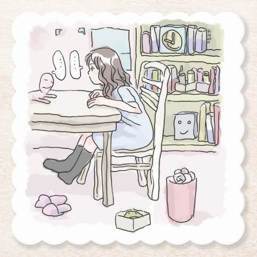 さいくさじ　お部屋で机に向かう ペーパーコースター (正面)
