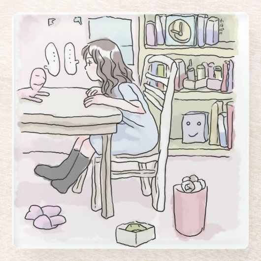 さいくさじ　机に向かう ガラスコースター (正面)