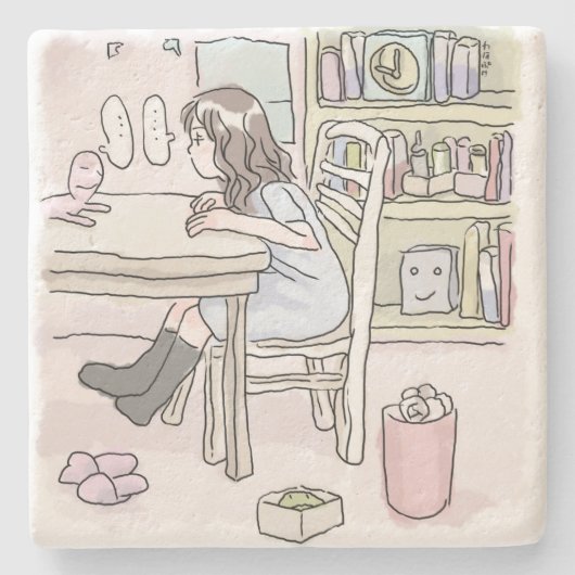 さいくさじ　机に向かう ストーンコースター (正面)