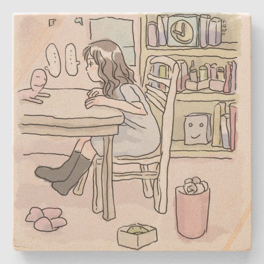 さいくさじ　机に向かう ストーンコースター (正面)